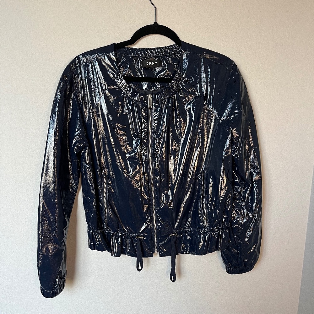 DKNY Bomber Drawstring Dark Blue Jacket Faux Patent Leather Woman's Size XS